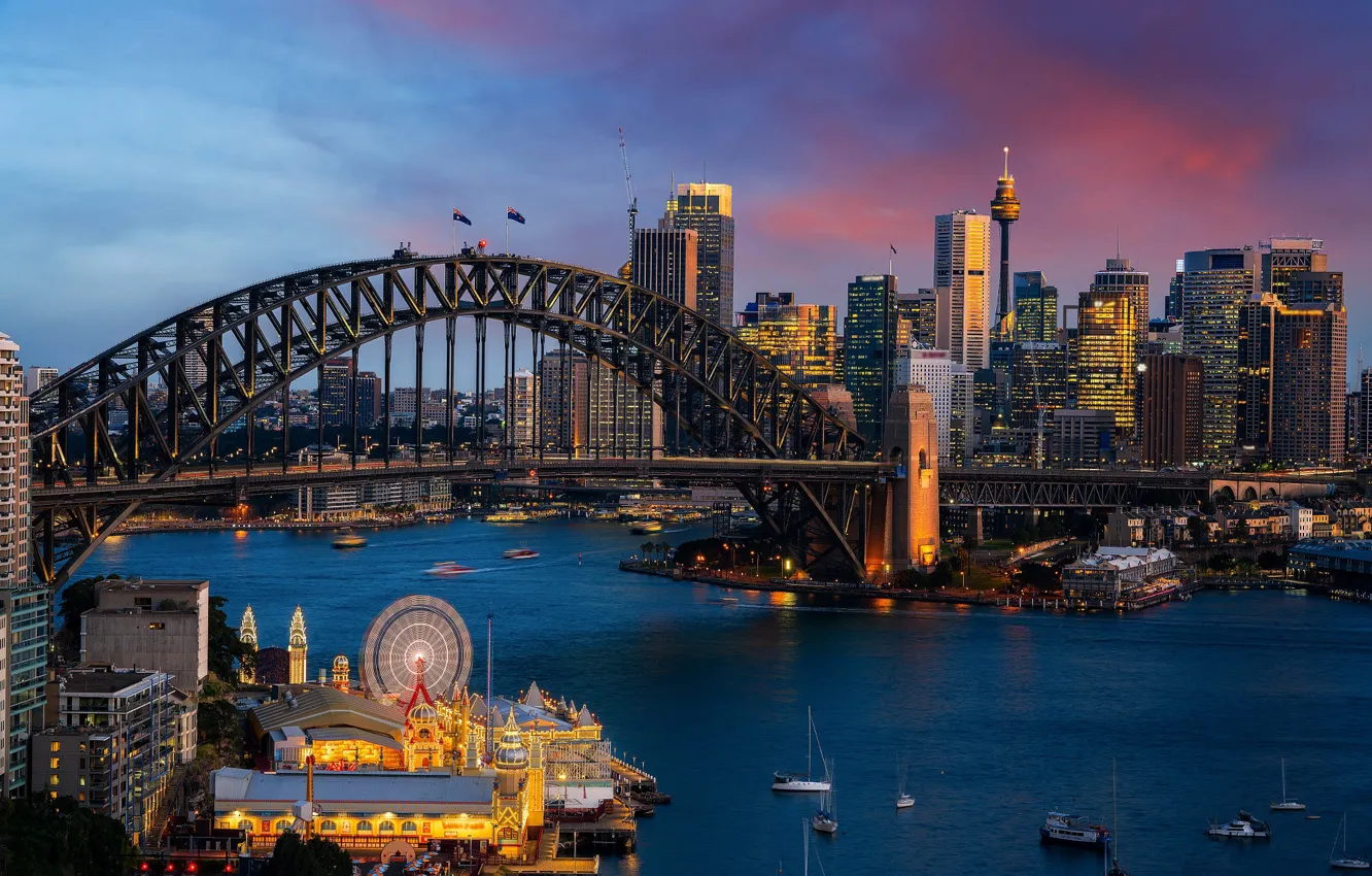 Фото обои мост, город, здания, дома, бухта, вечер, освещение, Австралия