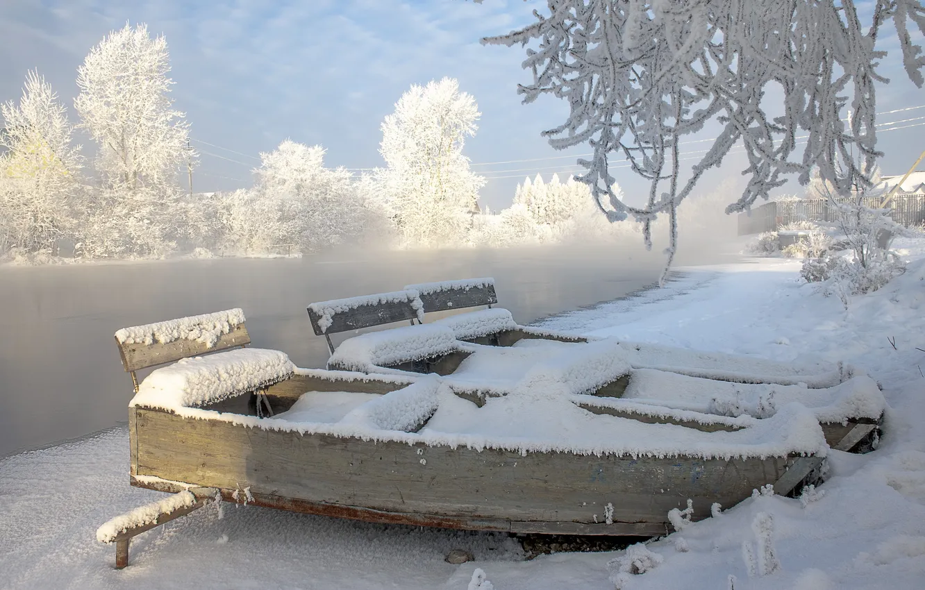 Фото обои зима, снег, природа, река, лодки