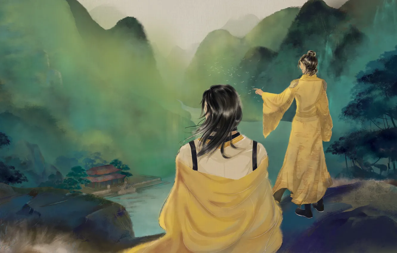 Фото обои девушка, пейзаж, горы, дом, река, мужчина