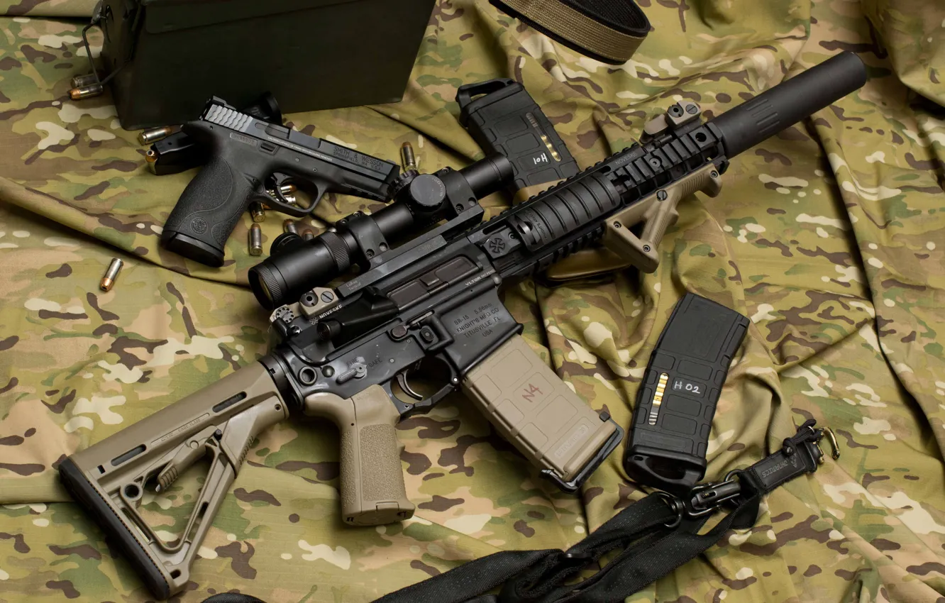 Фото обои пистолет, оружие, автомат, оптика, камуфляж, винтовка, глушитель, штурмовая
