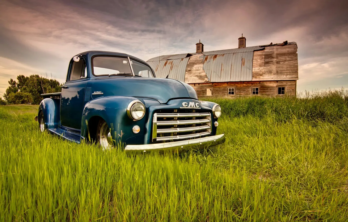 Фото обои Grass, Blue, Green, Truck, Farm, Gmc