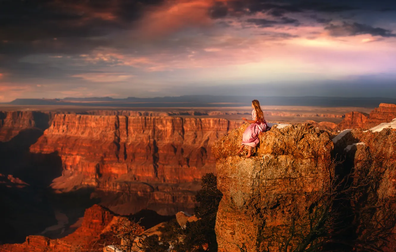 Фото обои девушка, вид, высота, платье, каньон, TJ Drysdale