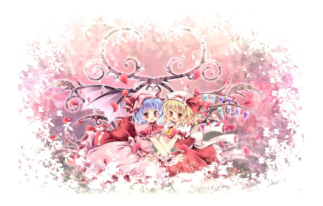 Фото обои бабочки, радость, красные глаза, чепчик, сестры, голубые волосы, лепестки роз, розовое платье