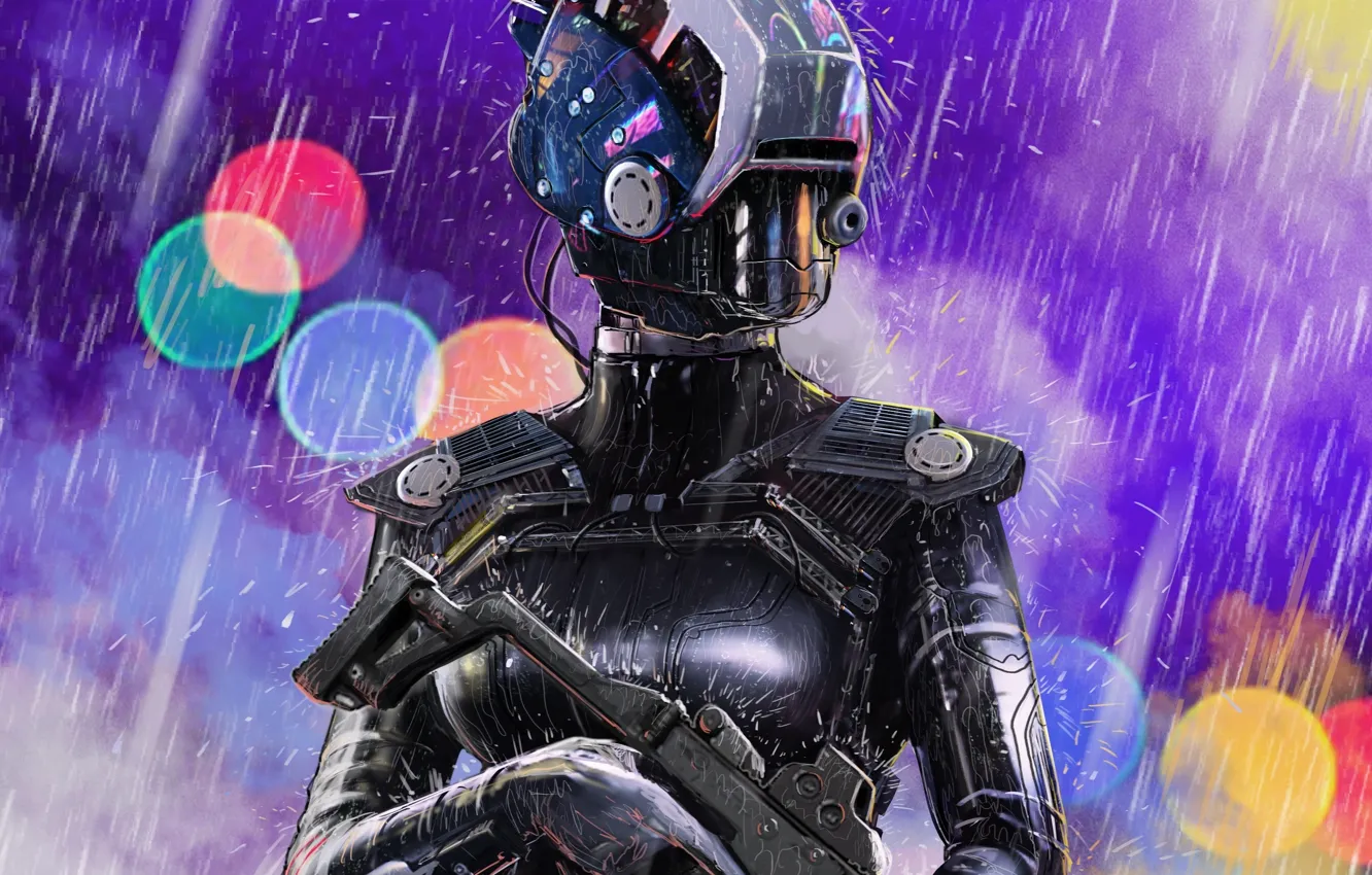 Фото обои оружие, фантастика, дождь, огоньки, арт, шлем, броня, Sci-fi
