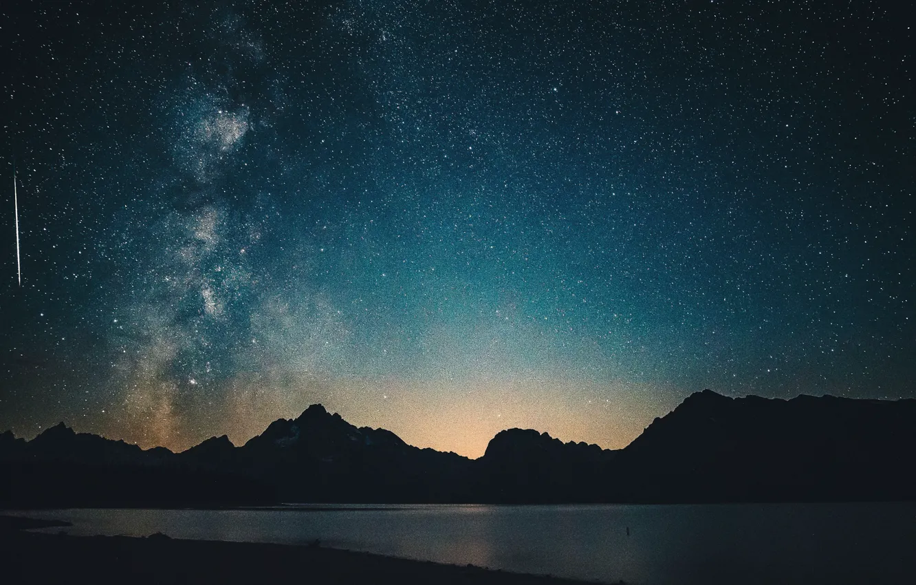 Фото обои light, sky, night, mountains, lake, stars, hills, Milky Way