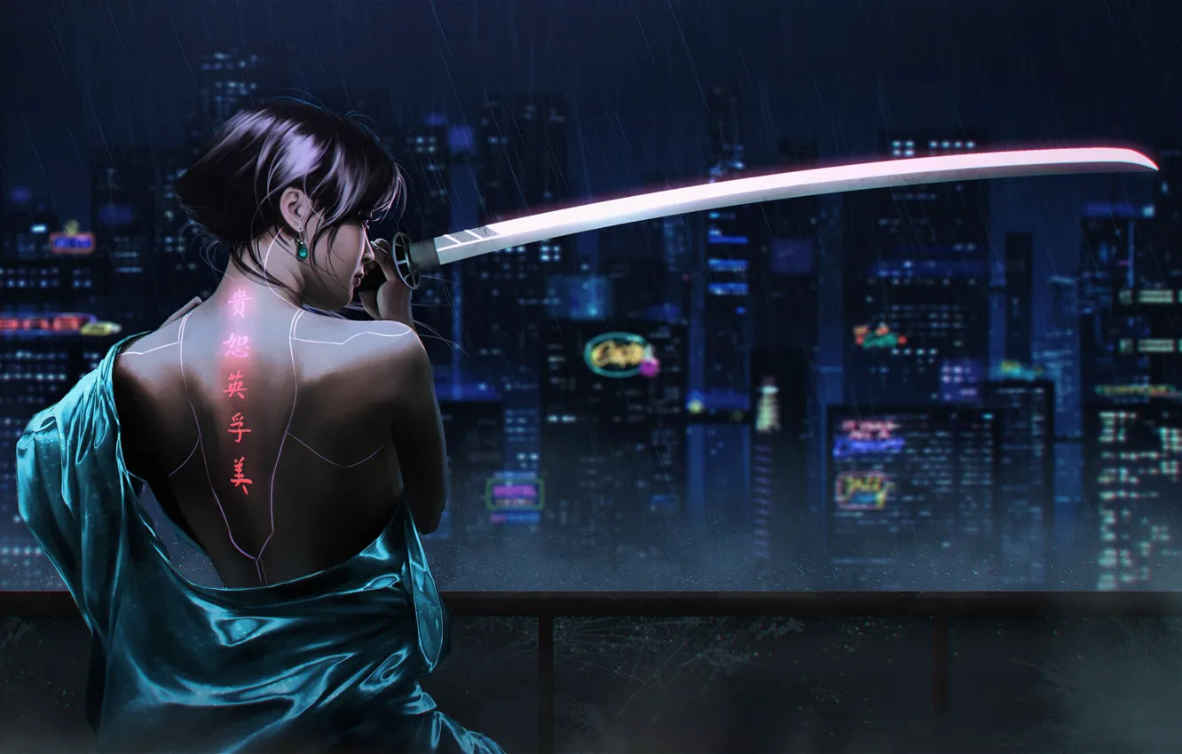 Фото обои девушка, оружие, дождь, робот, меч, катана, небоскребы, серьги