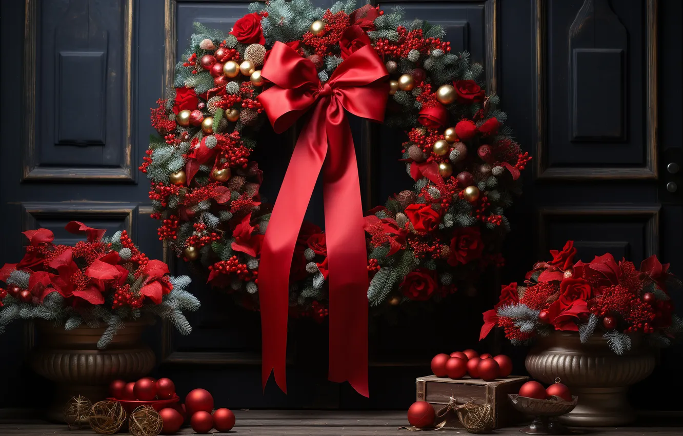 Фото обои украшения, шары, Рождество, Новый год, red, Christmas, венок, balls