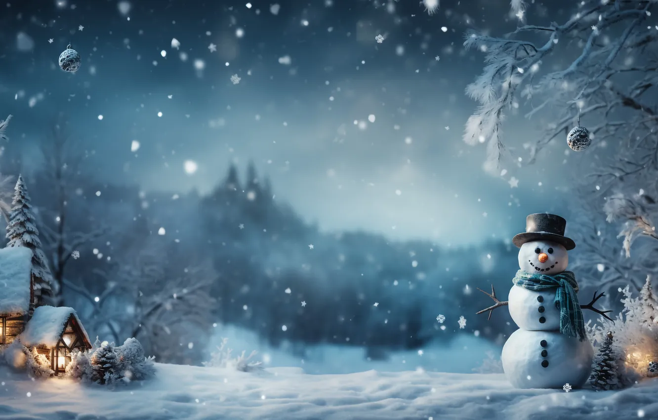 Фото обои зима, снег, Рождество, Новый год, снеговик, Christmas, snow, bokeh
