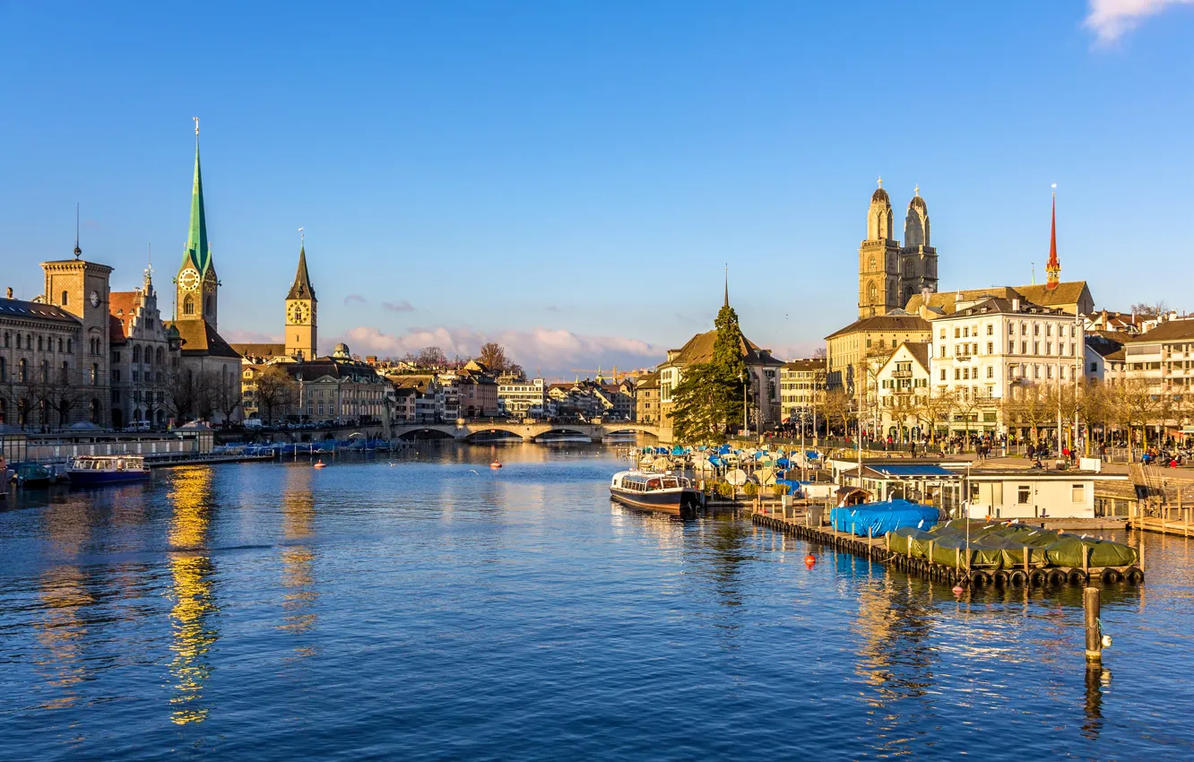Фото обои мост, река, дома, Швейцария, причалы, Zurich