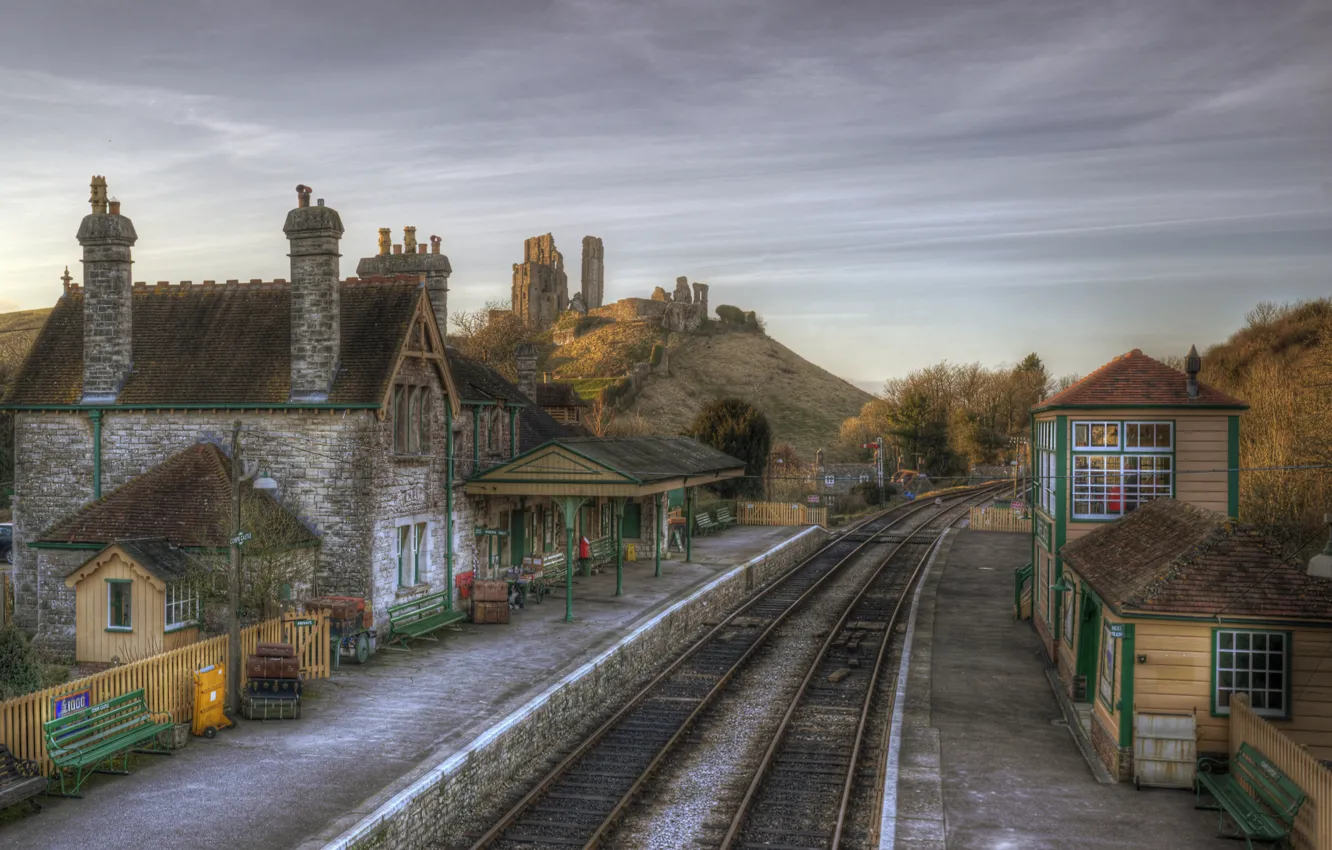 Фото обои Англия, Дома, Город, Corfe Castle Station, Железные Дороги