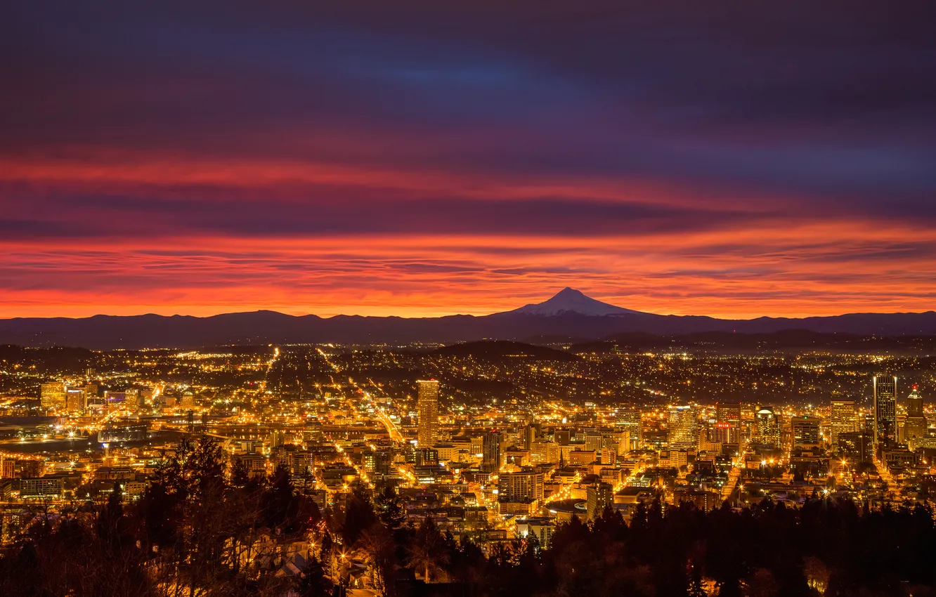 Фото обои огни, восход, утро, Орегон, Портленд, США, заря