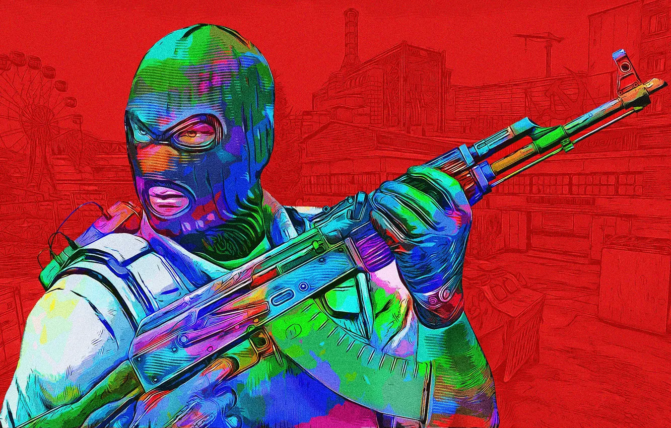 Фото обои оружие, цвет, мужик, маска, ярко, Counter-Strike: Global Offensive