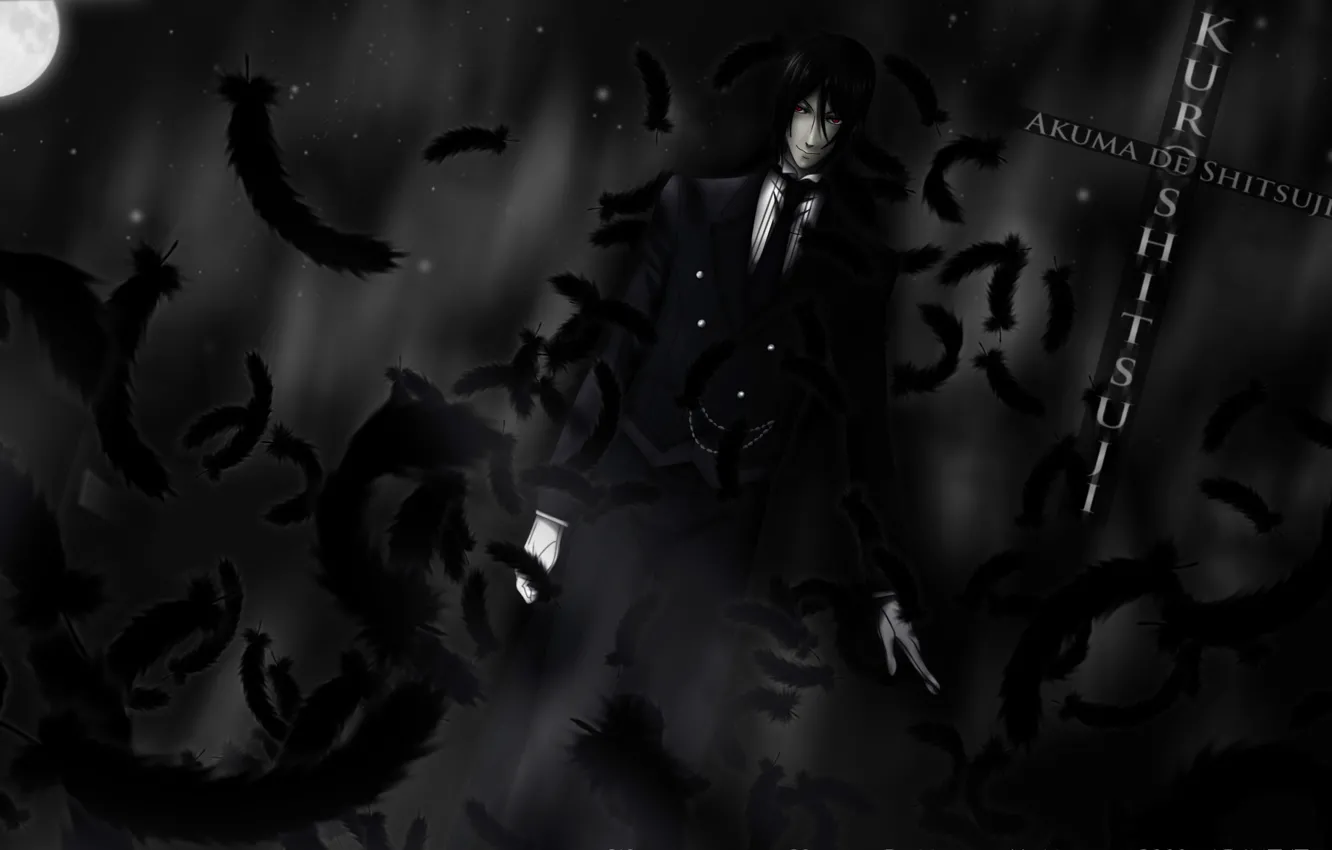 Фото обои перья, демон, красные глаза, Kuroshitsuji, Sebastian Michaelis, черная магия, дьявольский дворецкий