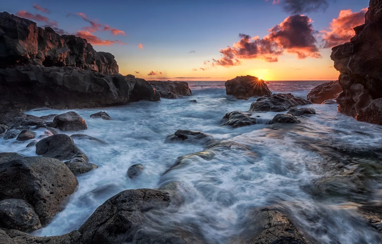 Фото обои море, волны, закат, камни, скалы, остров, прибой, El Hierro