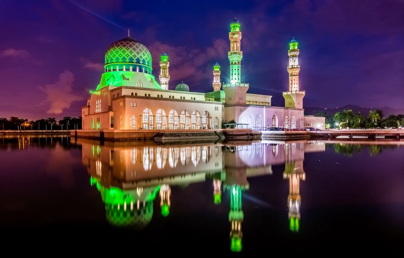 Фото обои свет, ночь, город, отражение, мечеть, Kota Kinabalu, Кота-Кинабалу