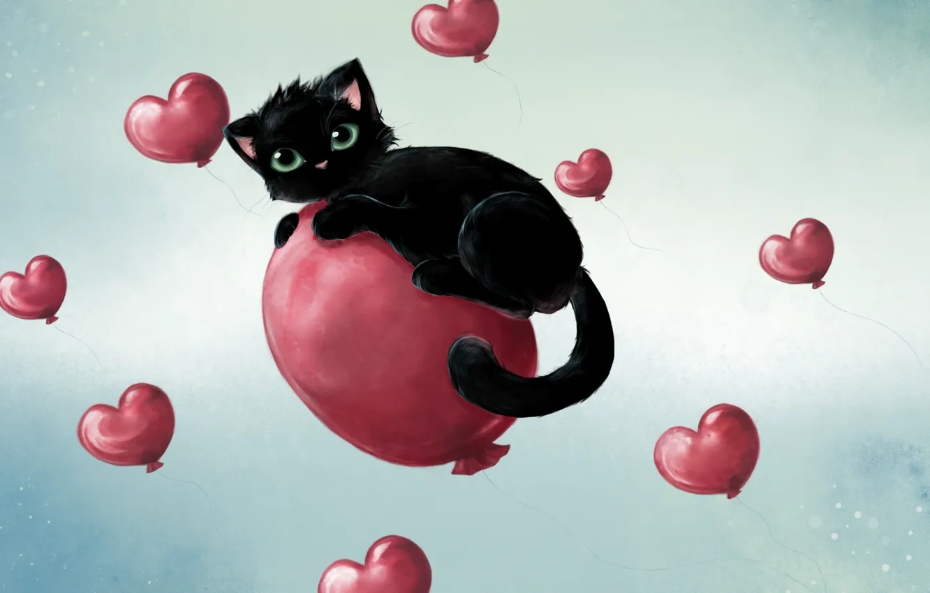 Фото обои шарики, котенок, черный, сердечки, воздушные