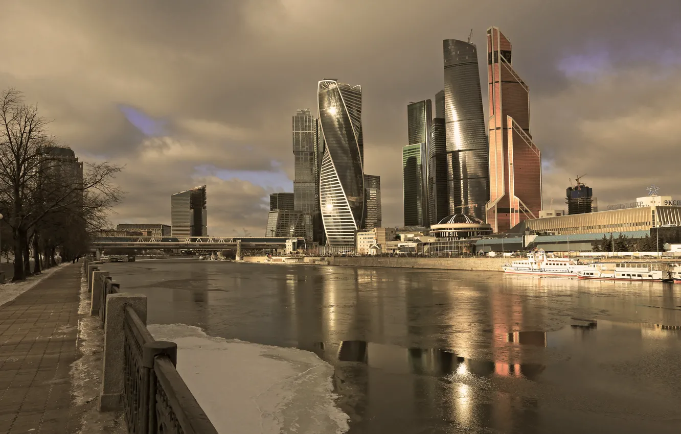 Фото обои река, Мост, Москва, Здания, Россия, Russia, Bridge, Москва-Сити