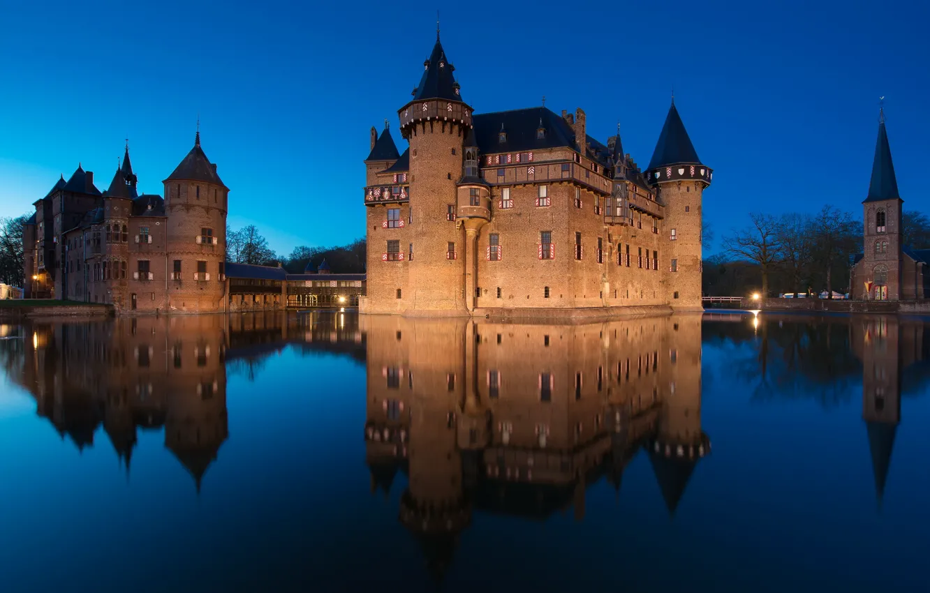 Фото обои вода, ночь, отражение, замок, освещение, Нидерланды, De Haar