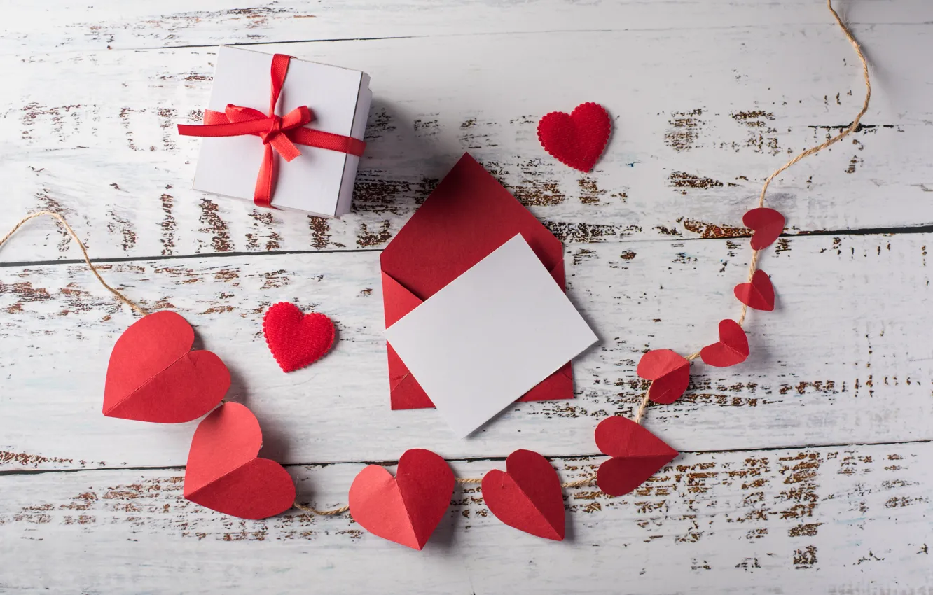 Фото обои подарок, лента, сердечки, красная, конверт