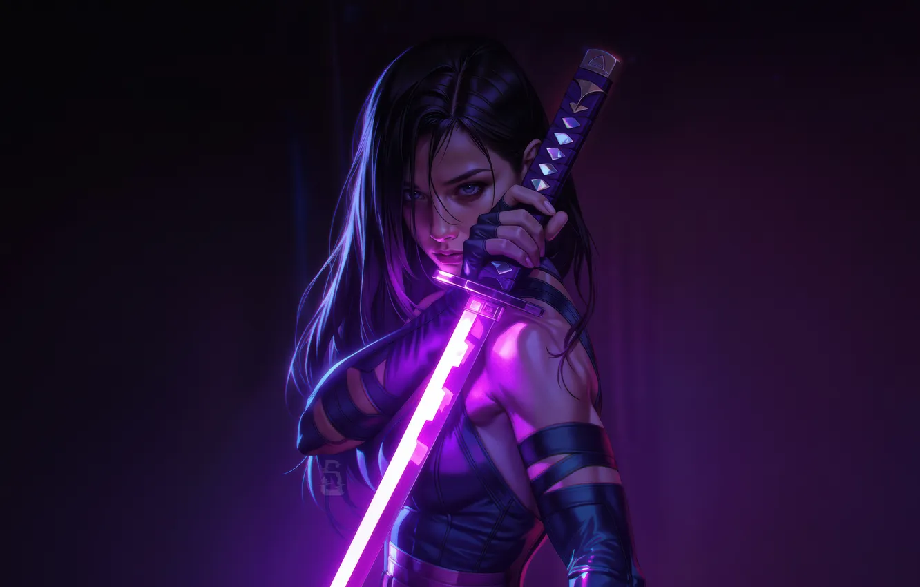Фото обои girl, sword, katana, energy, purple, warrior, super hero, Psylocke