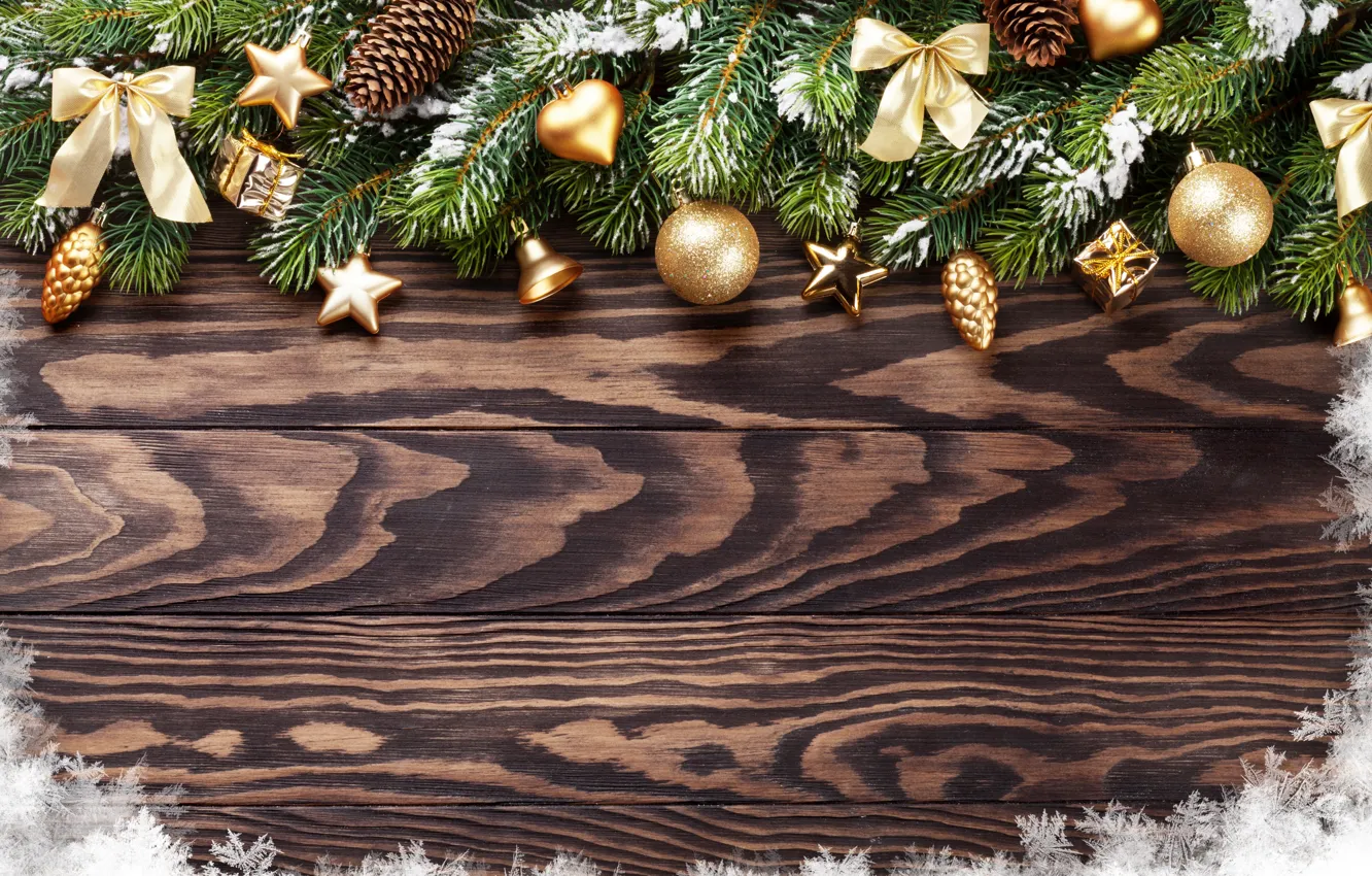 Фото обои снег, украшения, Новый Год, Рождество, golden, new year, Christmas, wood