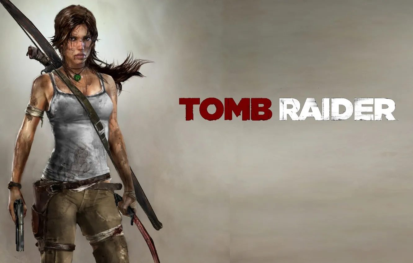 Фото обои пистолет, лук, Tomb Raider, серый фон, кобура, Lara Croft, бумеранг