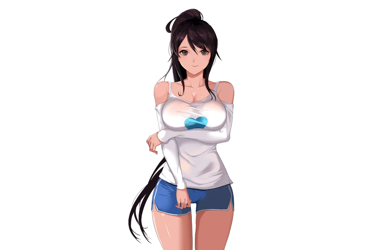 Фото обои girl, sexy, cleavage, shorts, long hair, brown eyes, boobs, anime