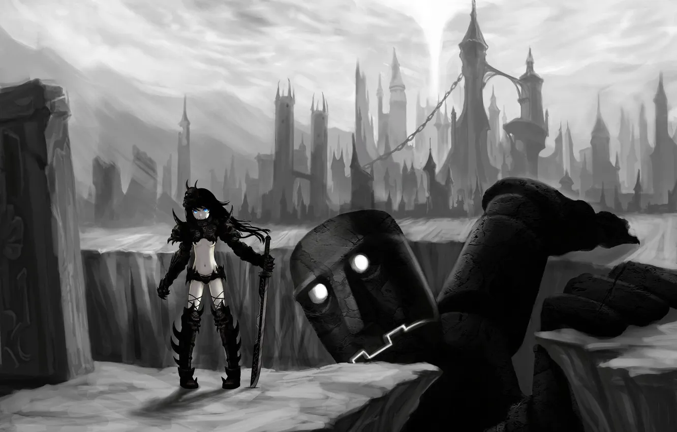 Фото обои город, робот, меч, аниме, девочка, развалины, black rock shooter, стрелок с черной скалы