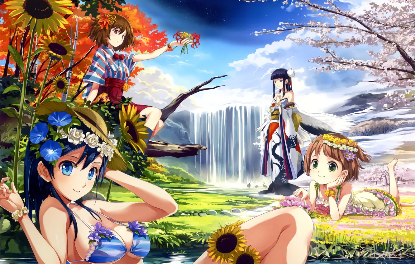 Фото обои купальник, цветы, пруд, девушки, арт, водопады, ekusa takahito