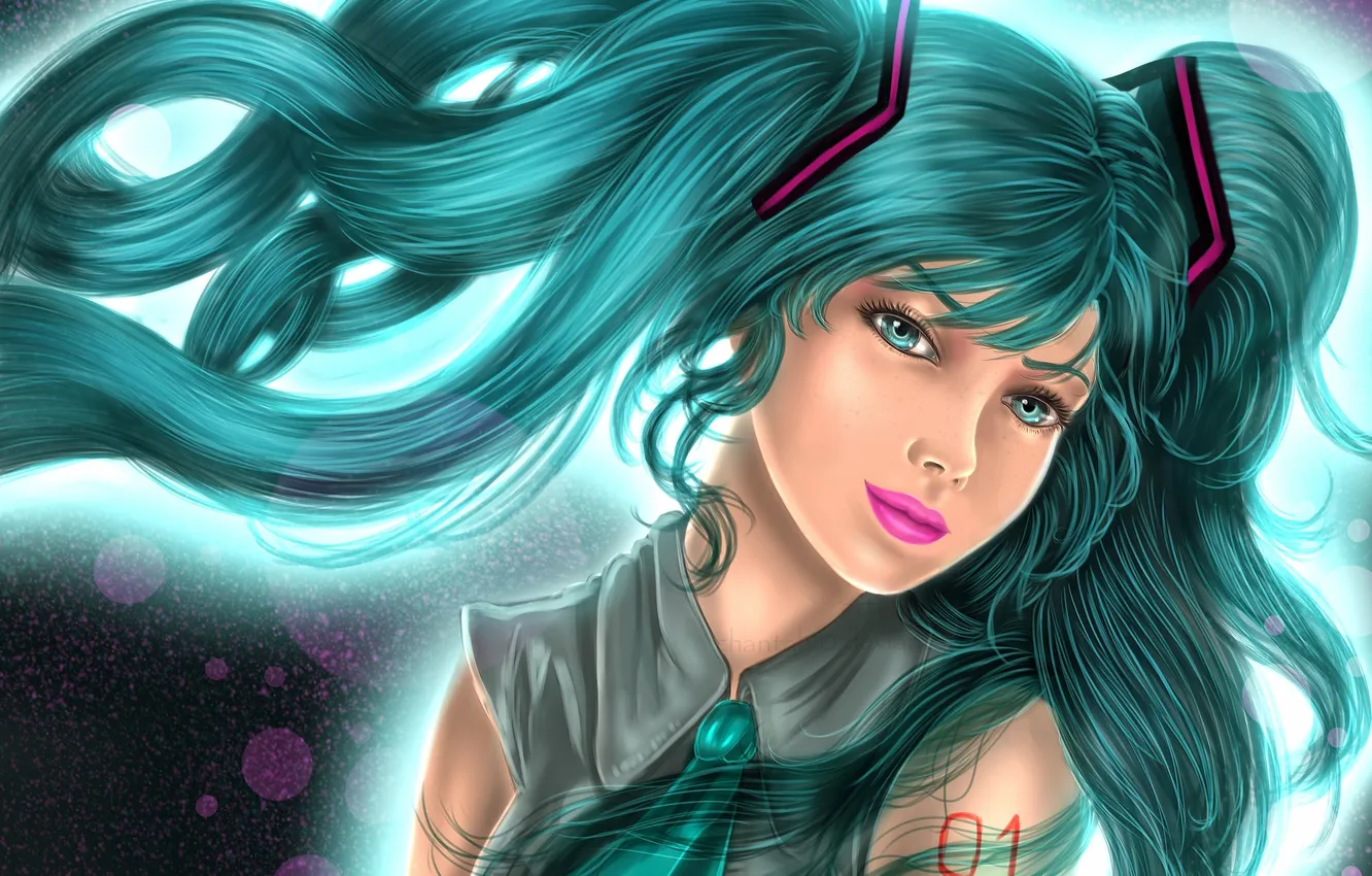 Фото обои девушка, лицо, арт, vocaloid, hatsune miku, хвостик