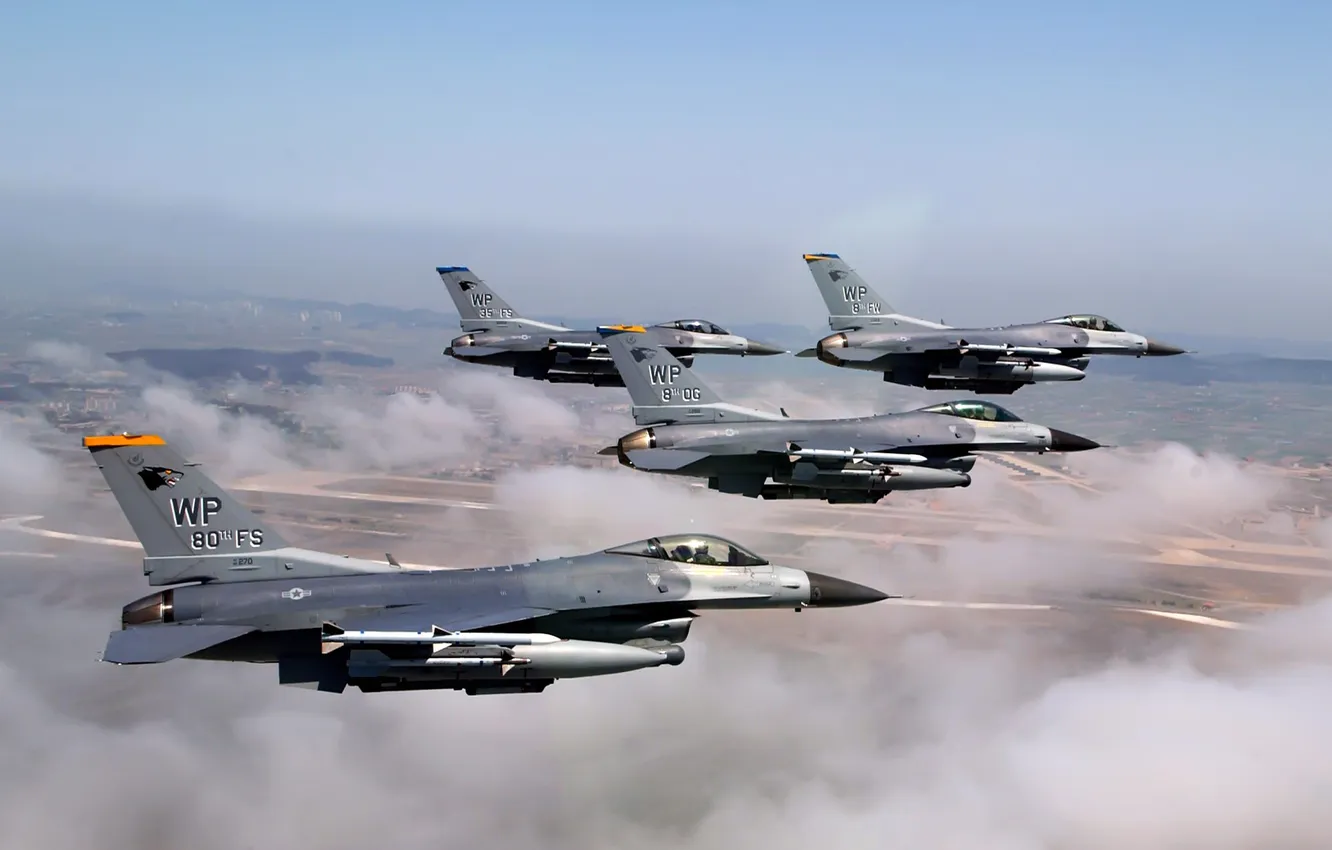 Фото обои полет, земля, самолеты, F-16