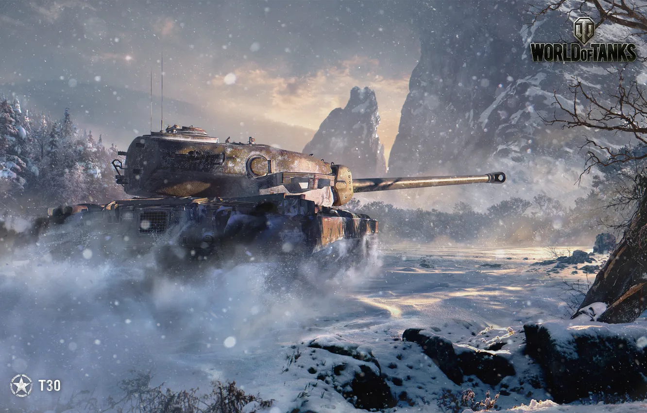 Фото обои зима, лес, снег, горы, танк, американский, тяжелый, World of Tanks