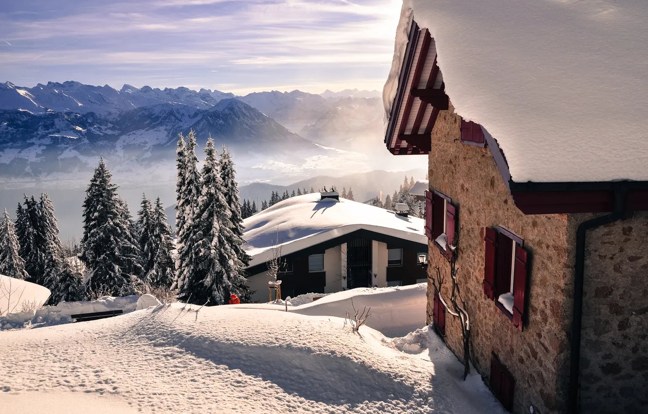 Фото обои зима, горы, дома