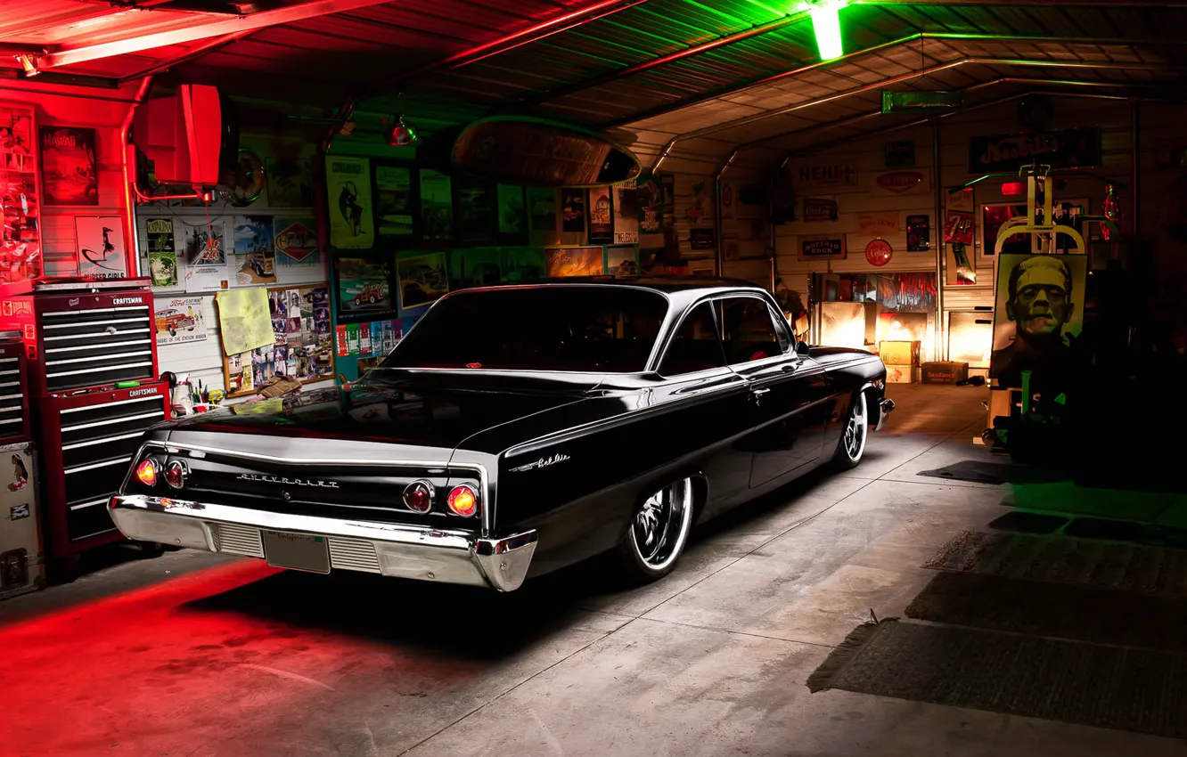 Фото обои Chevrolet, Light, Bel Air, Black, Tuning, Retro, 1962, Garage