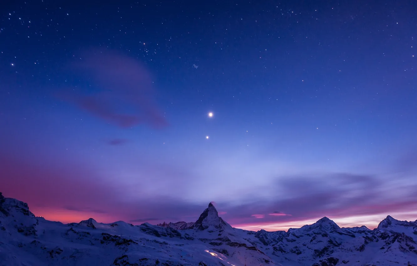 Фото обои небо, звезды, снег, горы, ночь, сумерки, Matterhorn