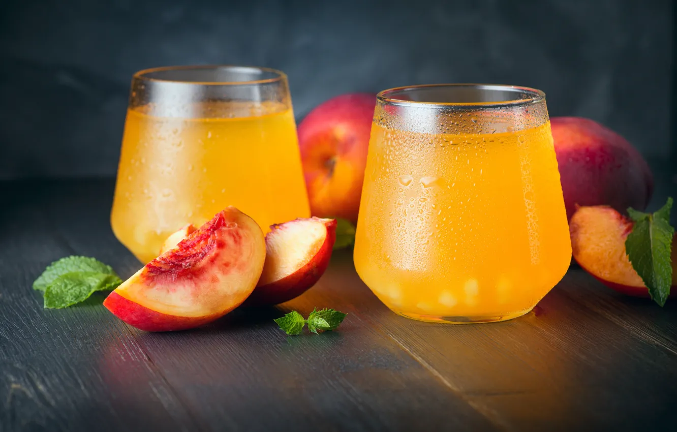 Фото обои сок, стаканы, персики, дольки, Максим Чикунов