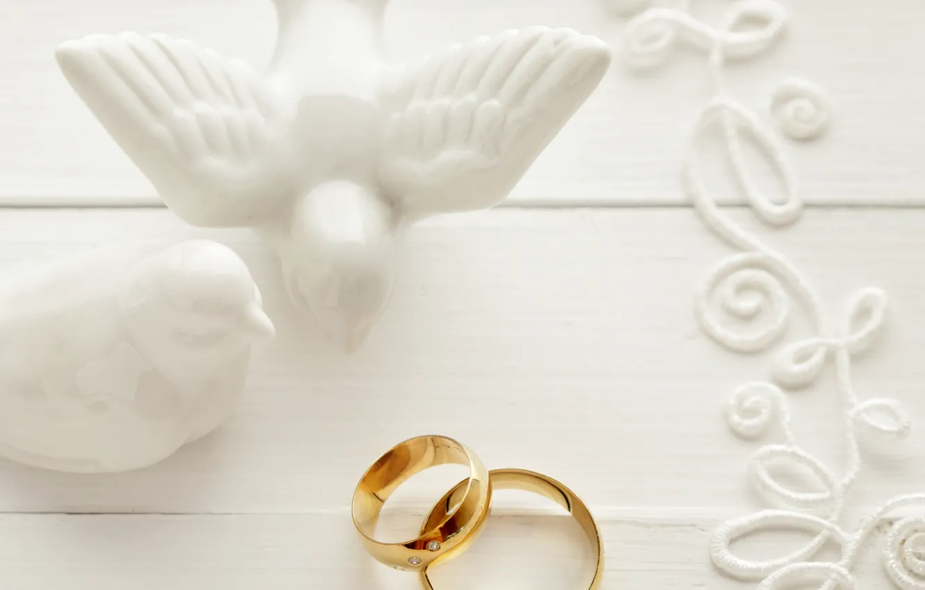 Фото обои праздник, голуби, кружево, свадьба, свадебные кольца