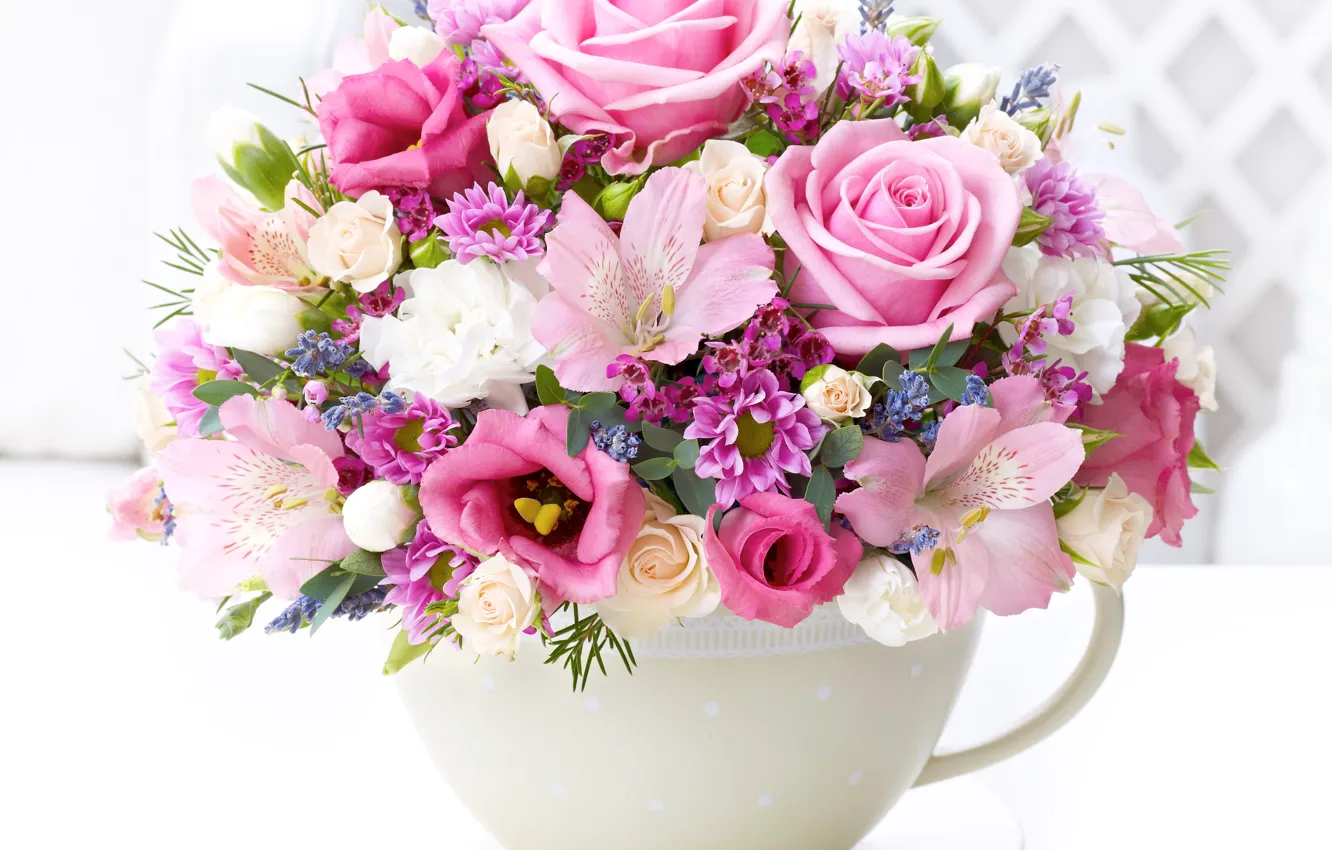 Фото обои букет, Розы, хризантемы, эустома, альстрёмерия