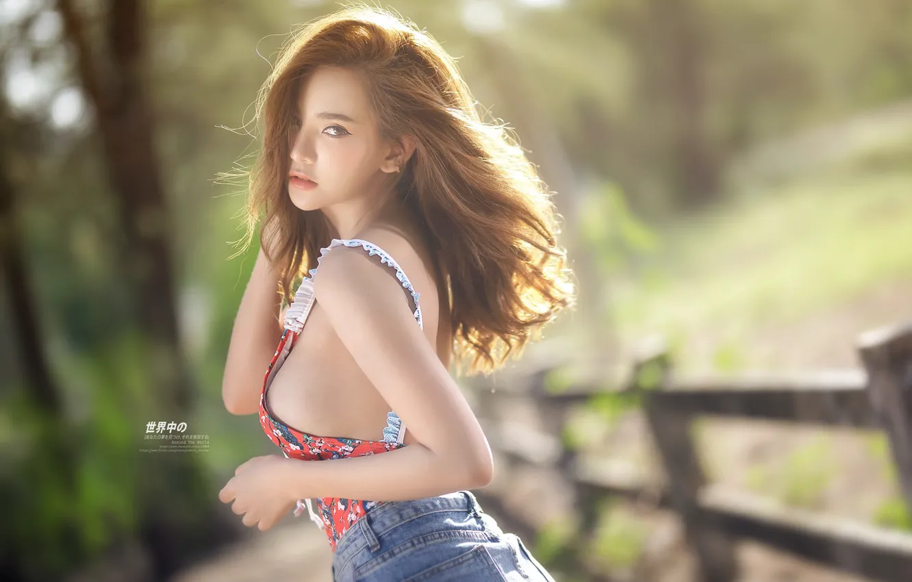 Фото обои girl, Asian, field, nature, model, women, jeans, brunette