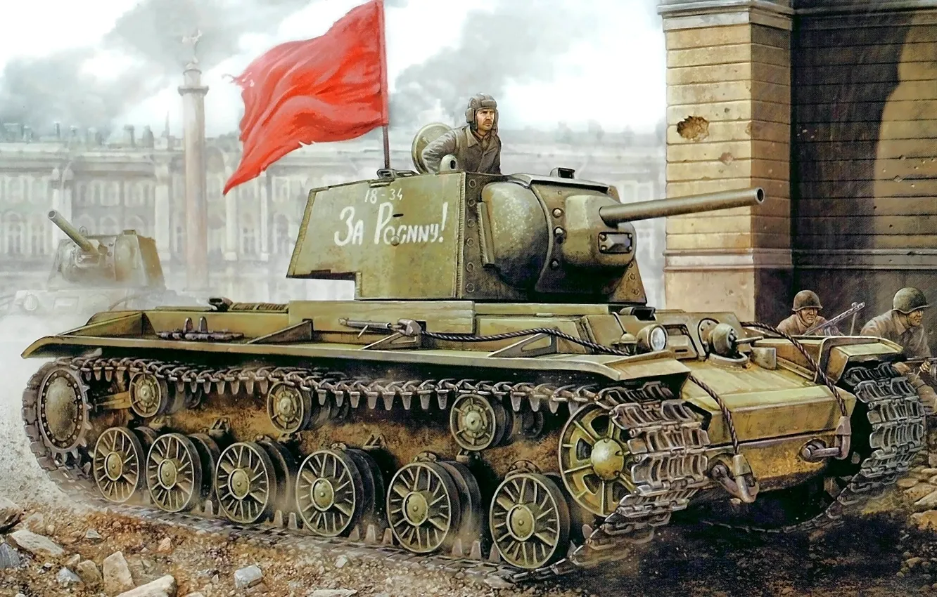 Фото обои город, улица, рисунок, арт, солдаты, танки, КВ-85, Вов