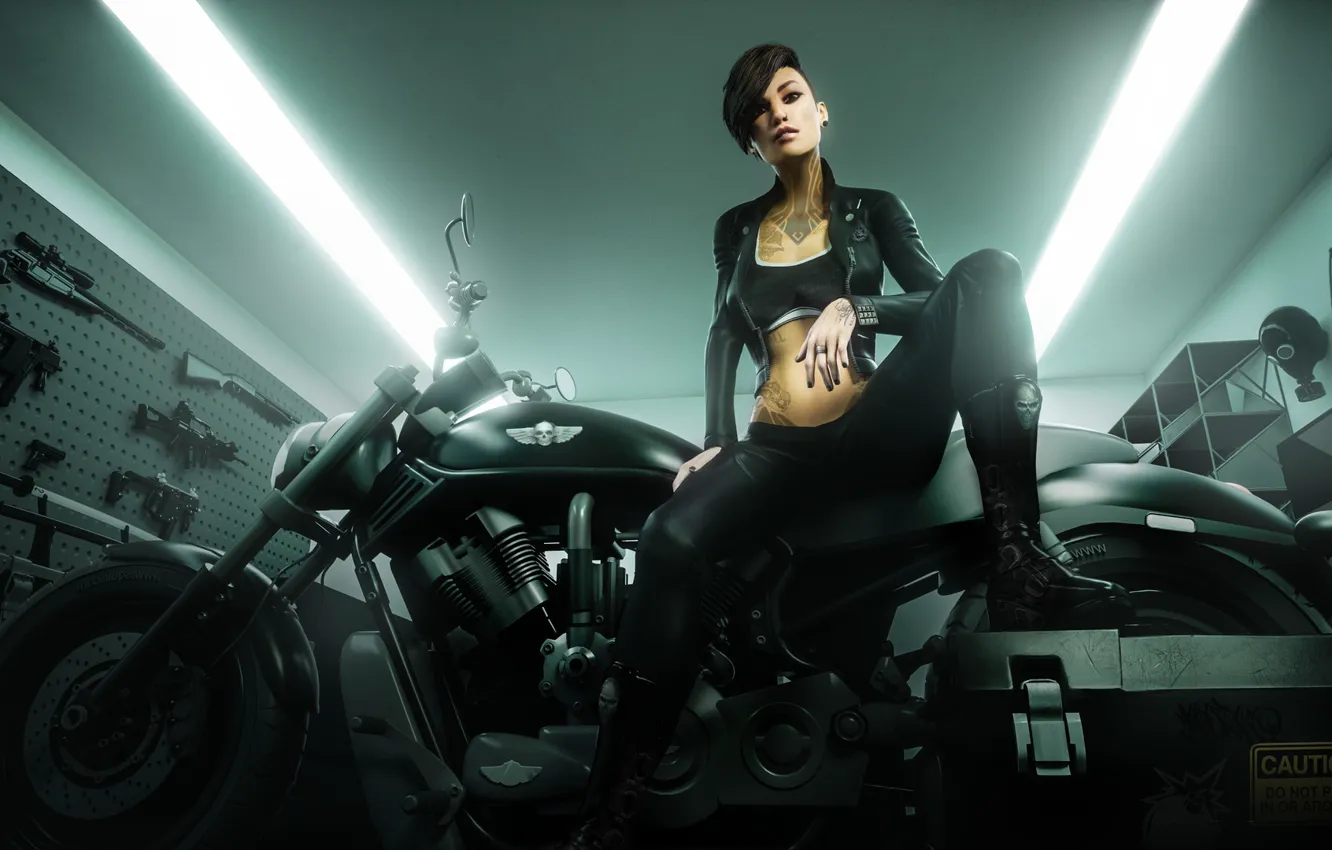 Фото обои поза, оружие, женщина, мотоцикл, татуировки, badass girl