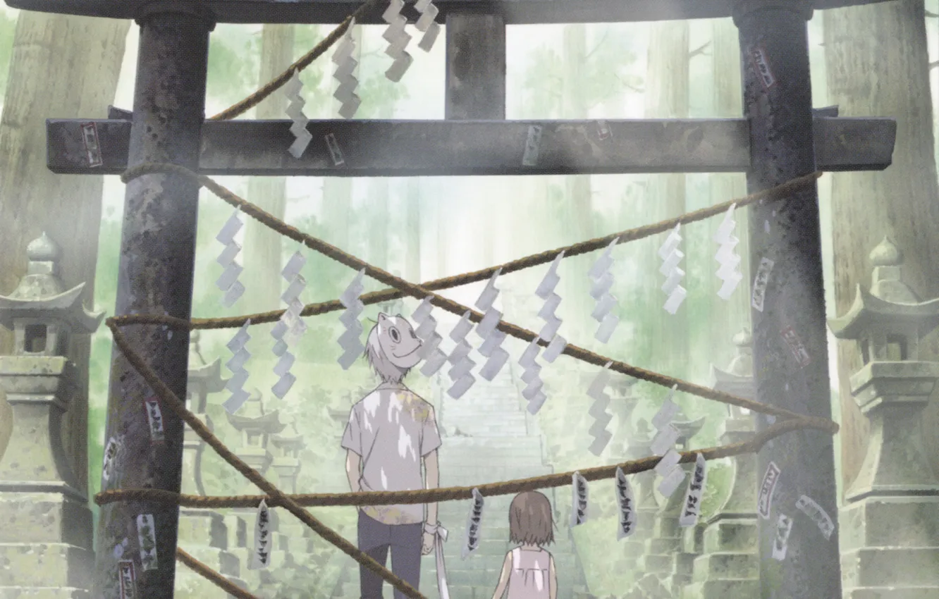 Фото обои лес, аниме, мальчик, маска, лестница, девочка, Hotarubi no Mori e, где мерцают светлячки