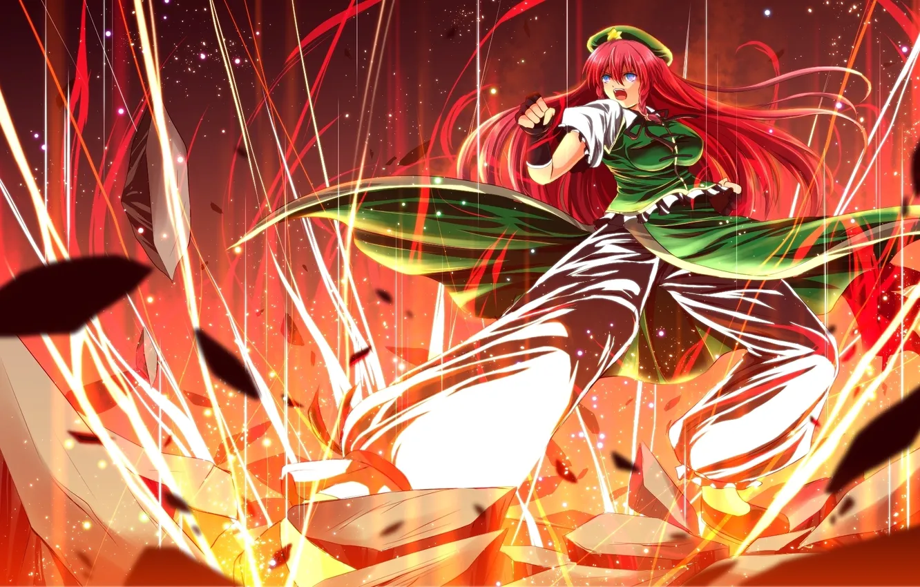 Фото обои девушка, огонь, арт, разрушение, touhou, hong meiling, nekominase