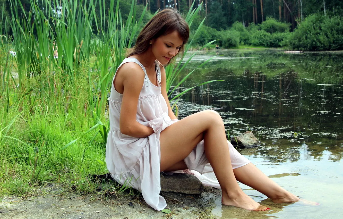 Фото обои лето, девушка, река, красота