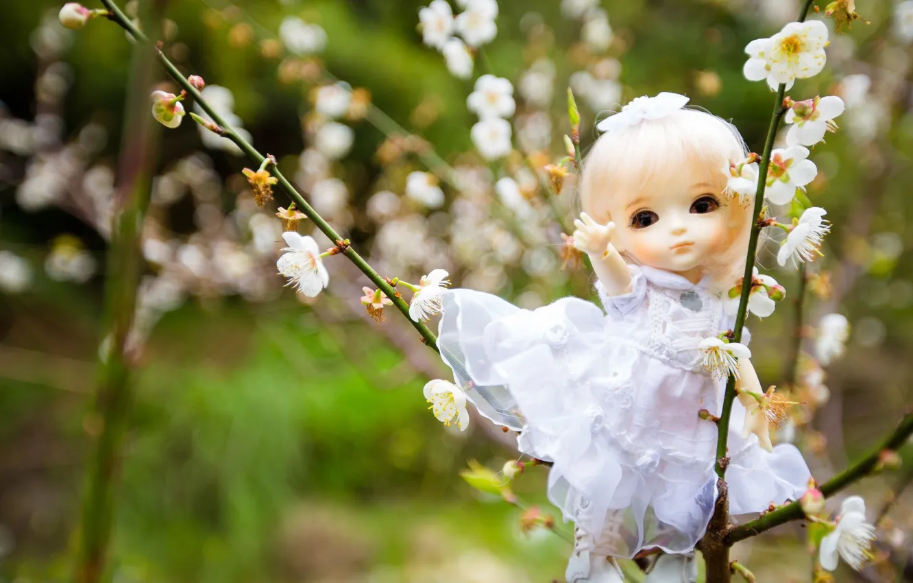 Фото обои цветы, игрушка, рука, кукла, платье, блондинка