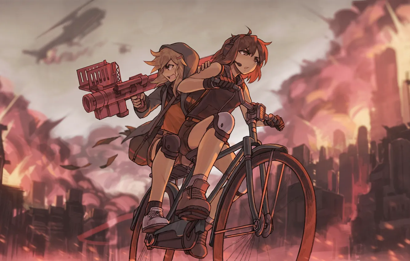 Фото обои велосипед, девушки, пушка