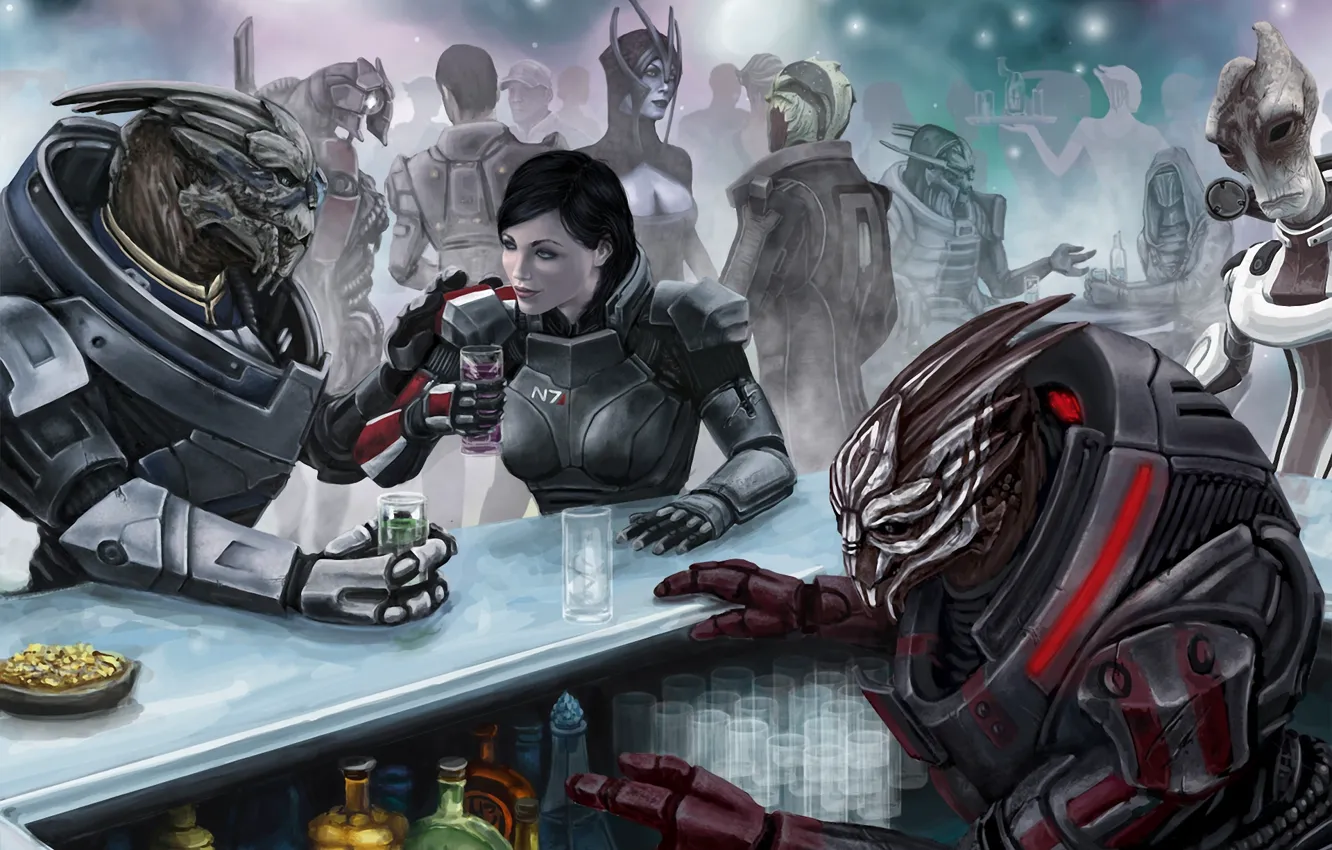 Фото обои бар, капитан, легион, выпивка, mass effect 3, шепард, fanart, garrus