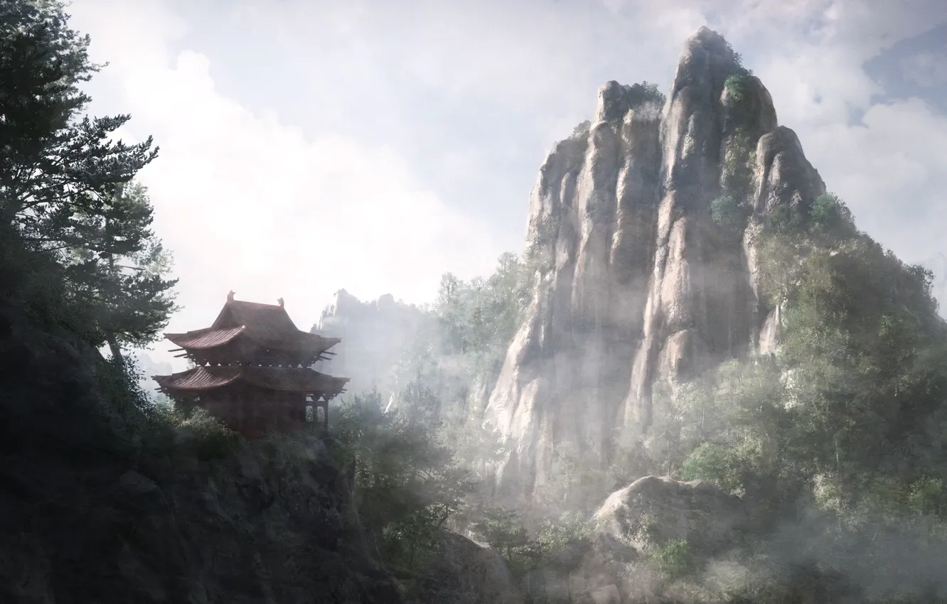 Фото обои небо, горы, природа, туман, дом, Китай