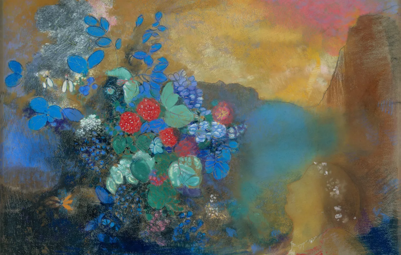 Фото обои картина, символизм, Офелия среди цветов, Odilon Redon, Одилон Редон