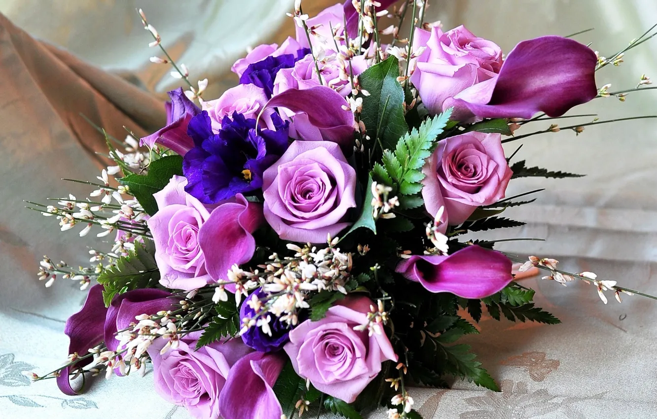 Фото обои цветы, розы, букет, каллы